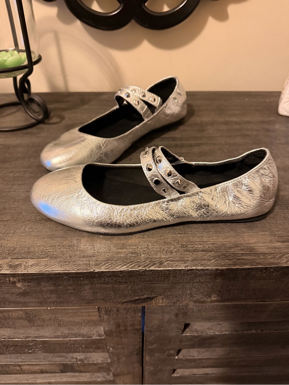 Rebecca minkoff Metallic Silver Mary Jane Flats with Studded Strap